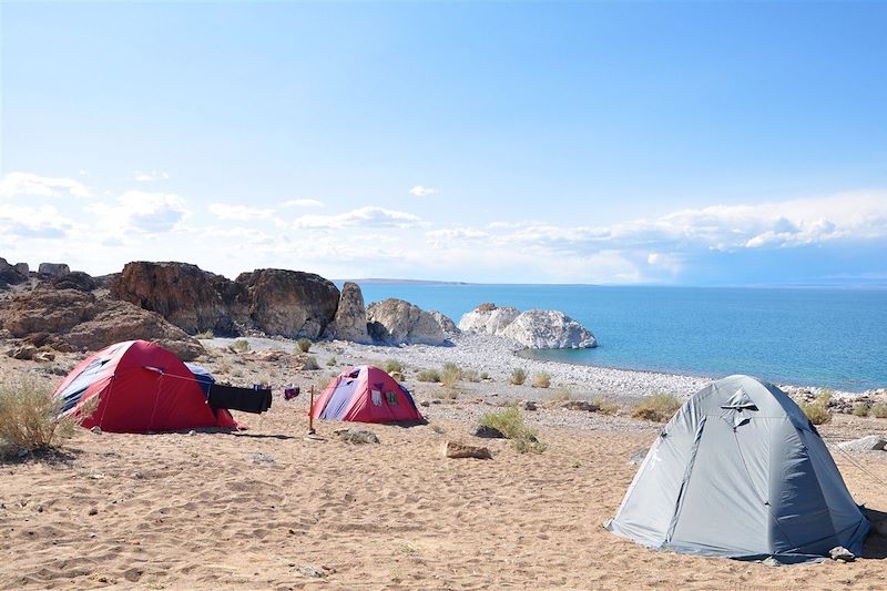 Campement de randonneurs au bord du lac Khyargas - Province de Uvs - Steppe désertique du bassin des Grands Lacs - Mongolie