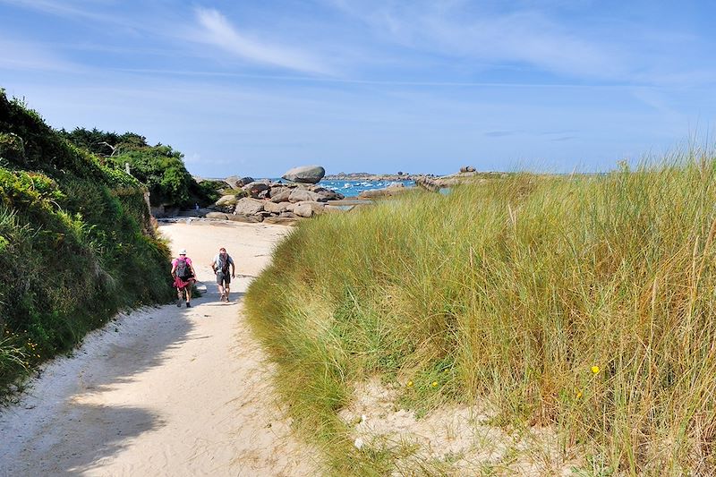 Un couple de randonneurs descend un sentier de dunes vers la plage de Trégastel - Bretagne - France