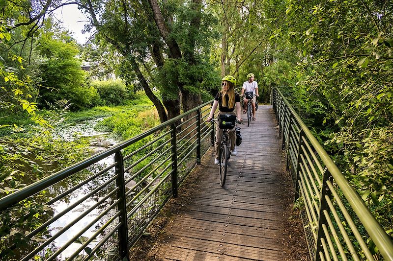 Cyclistes traversant une passerelle sur un bras de la Loire - Saumur - France