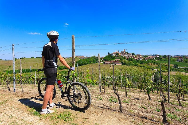 Cycliste devant un vignoble de Langhe - Piémont - Italie