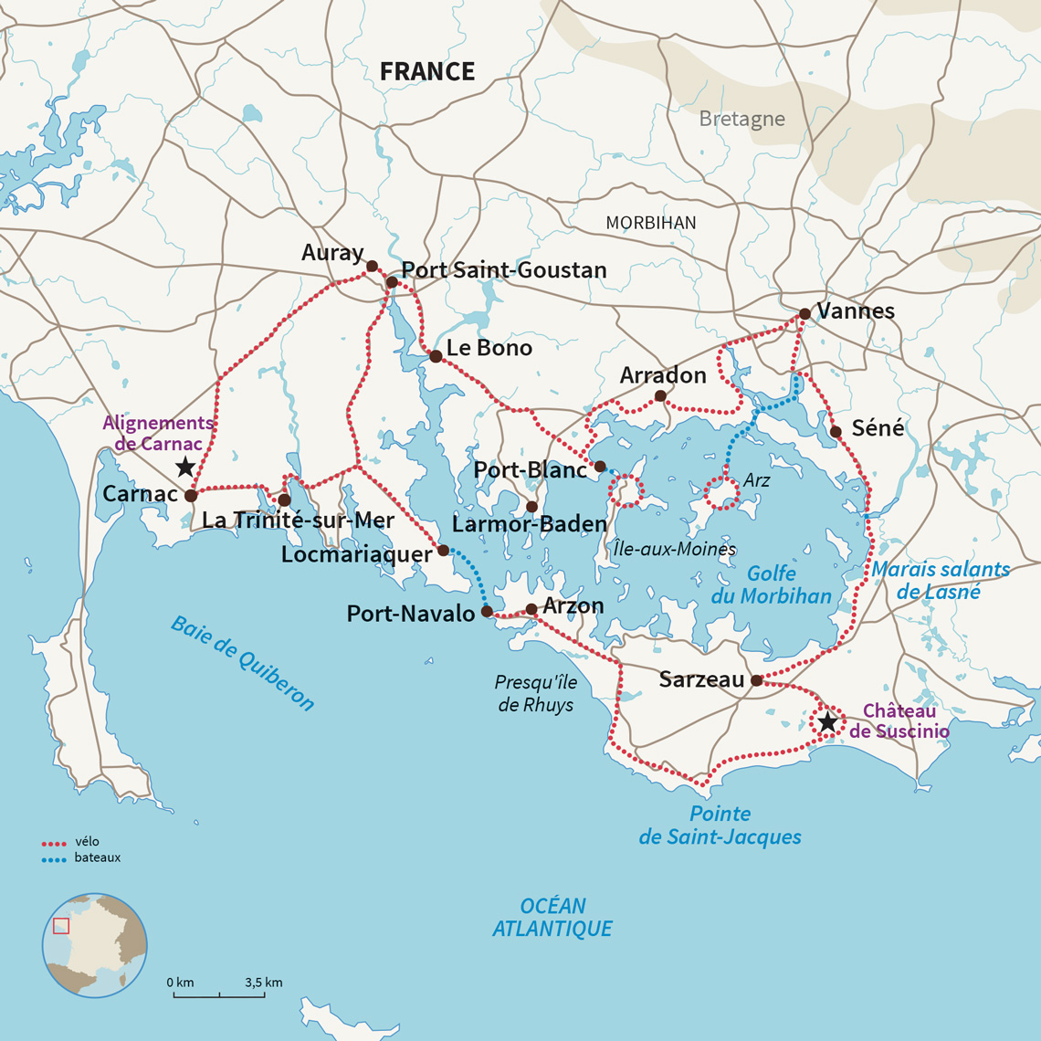 Carte France : Le Golfe du Morbihan à vélo