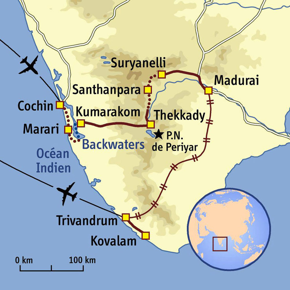 Carte Inde : Le Kerala à pied, en vélo et sur l'eau 