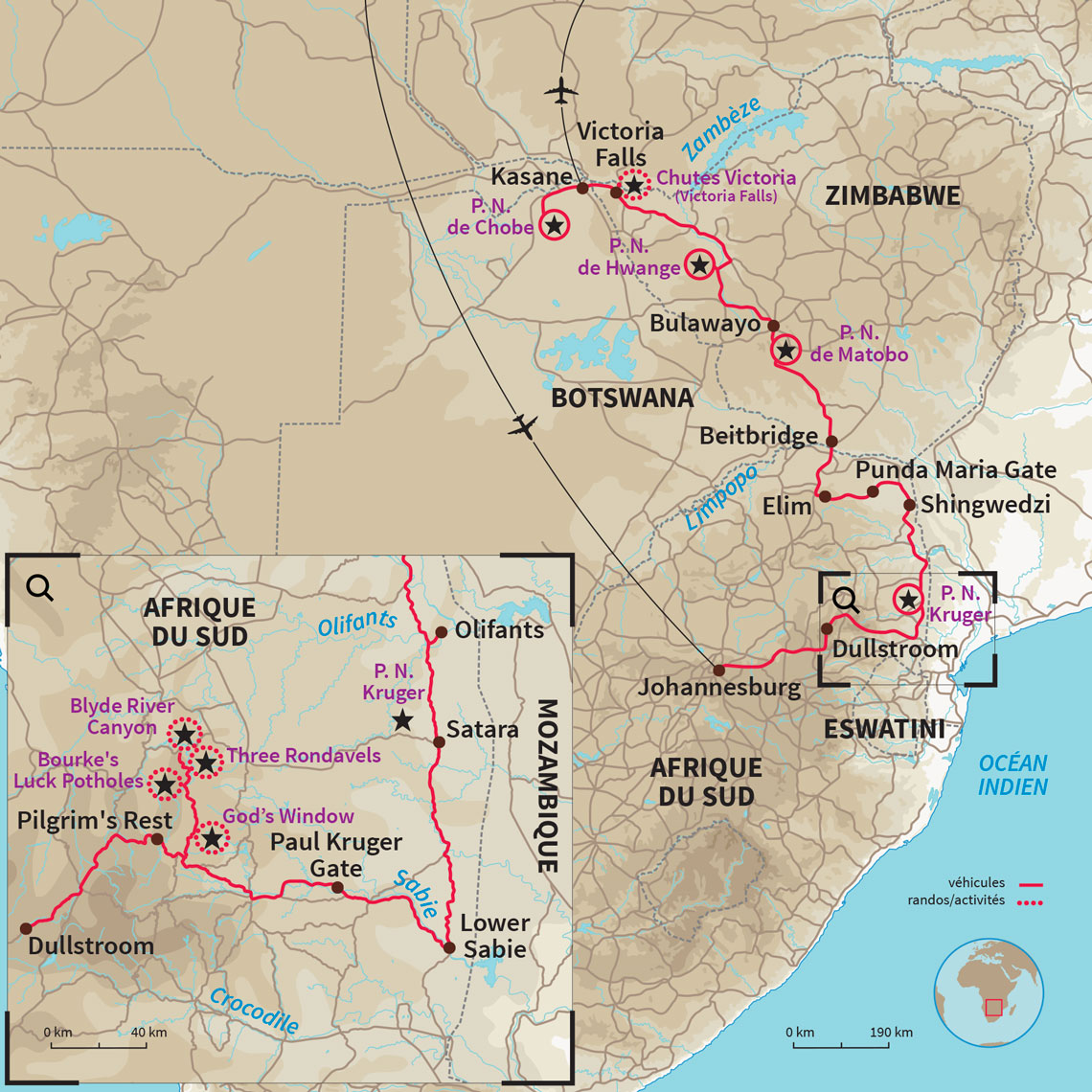 Carte Afrique du Sud : Road trip du Kruger aux Chutes Victoria