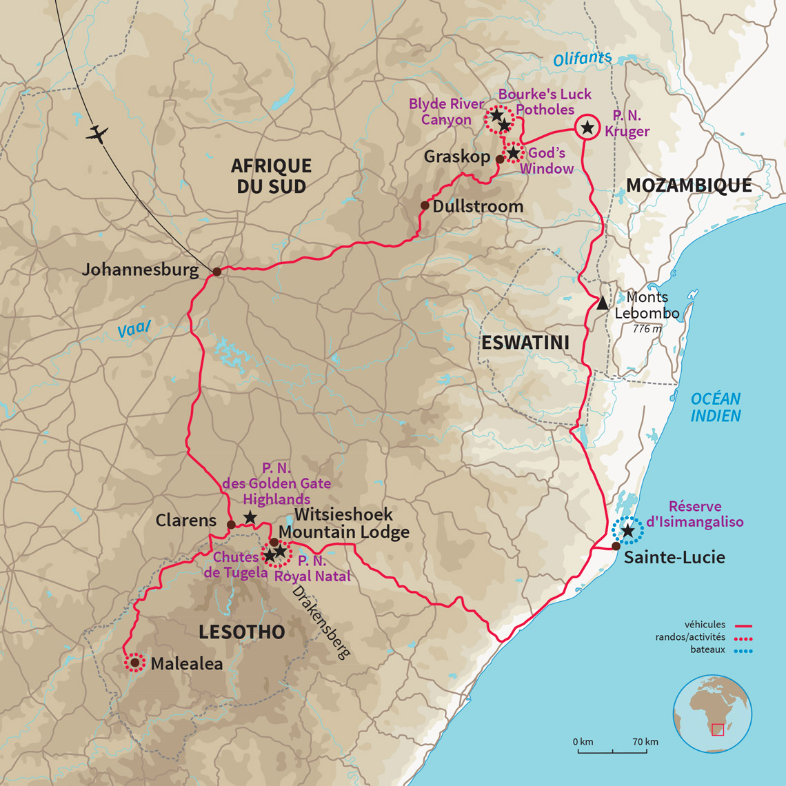 Carte Afrique du sud : Randos et safaris en terre arc en ciel...