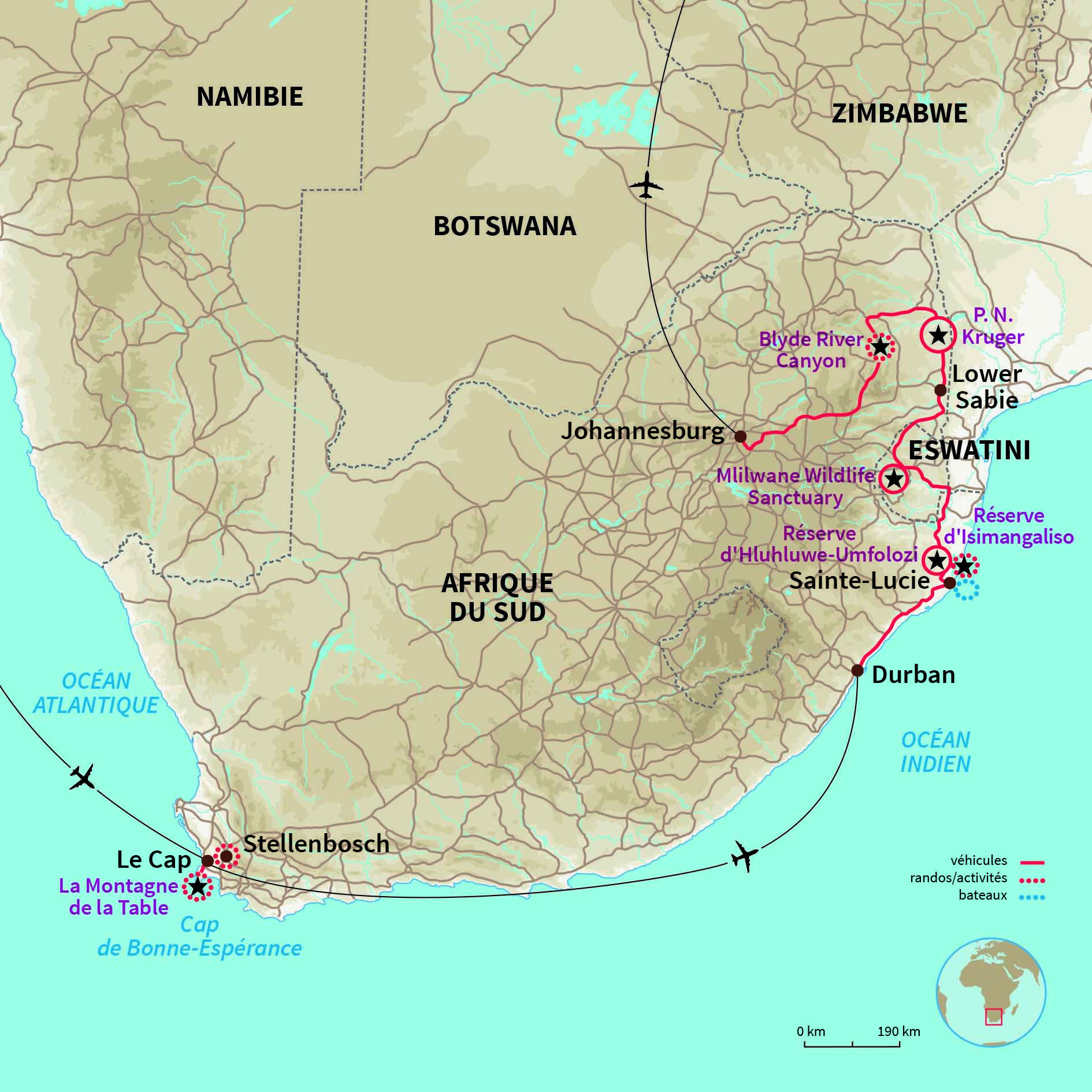 Carte Afrique du sud : Grande traversée de l'Afrique du sud