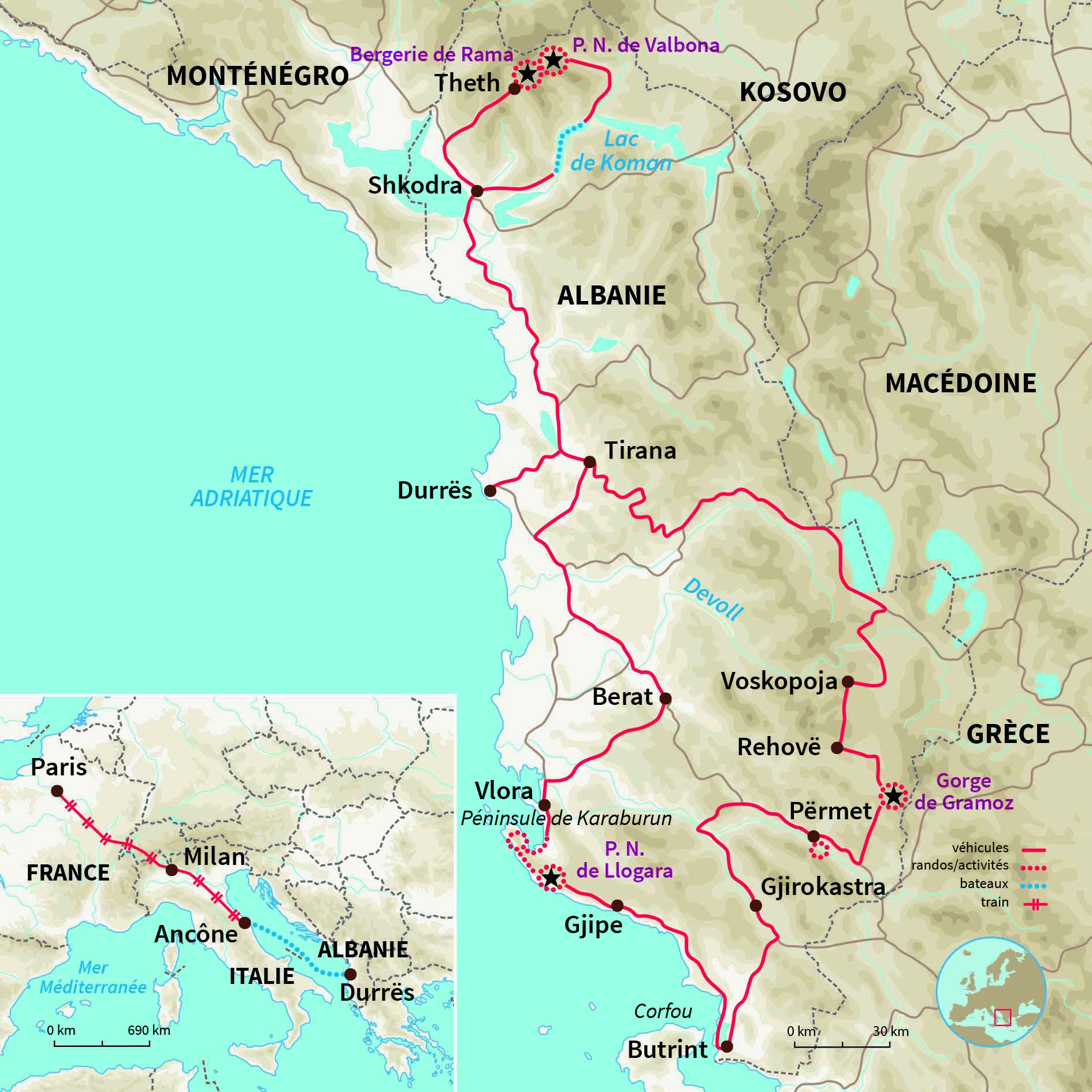 Carte Albanie : L'Albanie du nord au sud... (A/R en train)