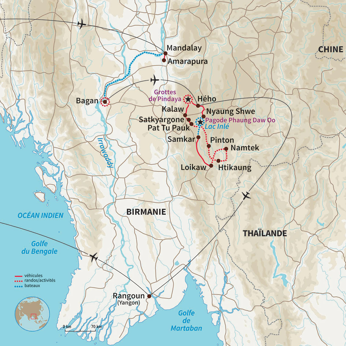 Carte Birmanie : Trekkings autour du lac Inlé 