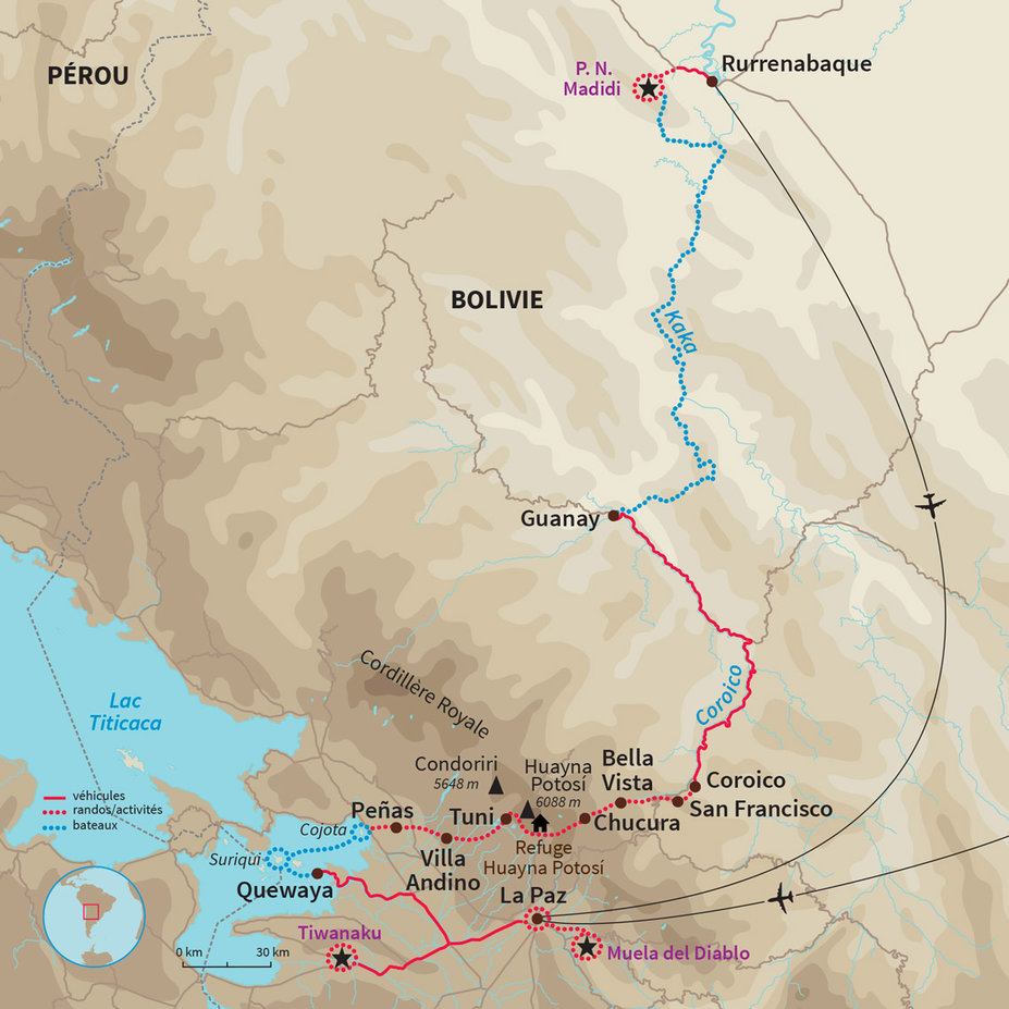 Carte Bolivie : Traversée de la Cordillère Royale & Amazonie