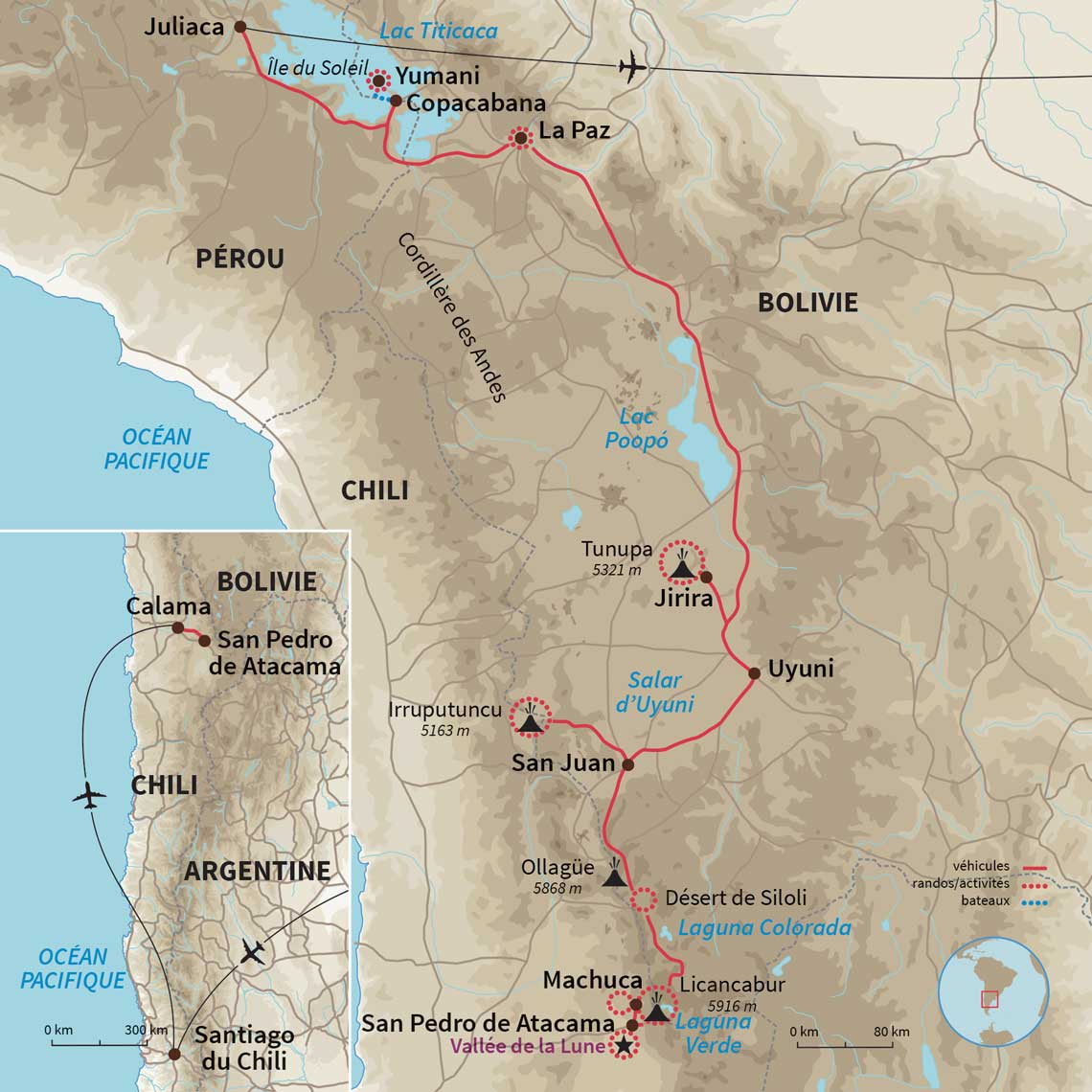 Carte Bolivie : Ascension Licancabur, Atacama & Titicaca