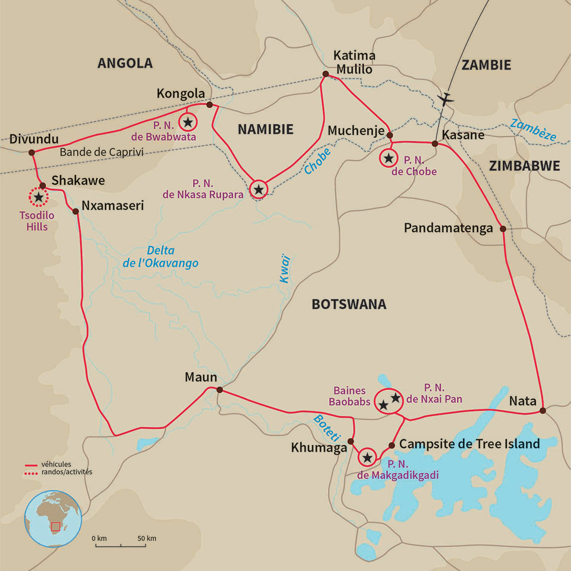 Carte Botswana : Déserts et parcs nationaux en bivouac