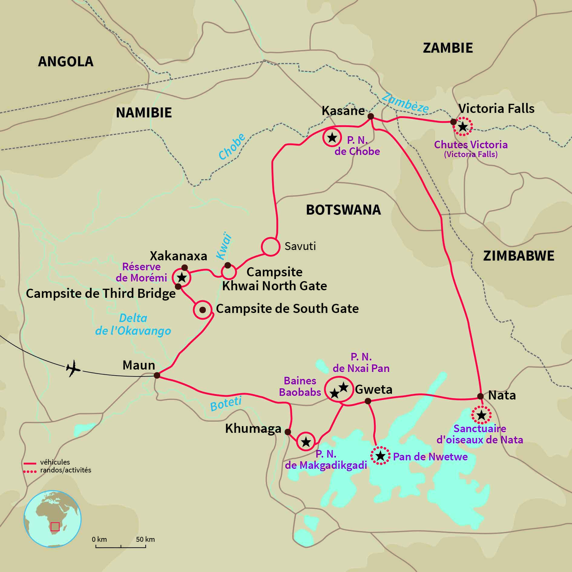 Carte Botswana : Autotour en territoire sauvage