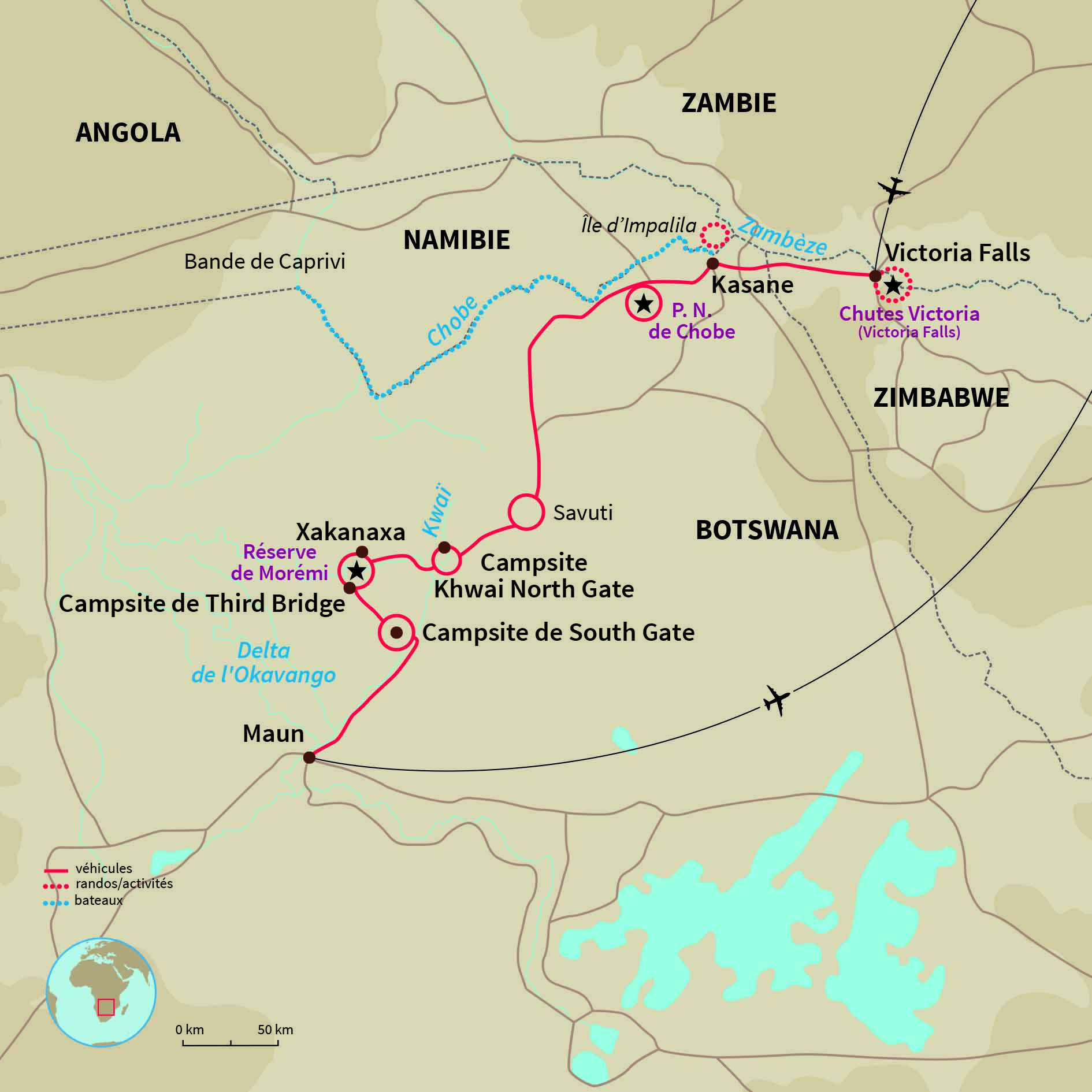 Carte Botswana : De Vic' Falls au Delta : mi-lodge mi-camping