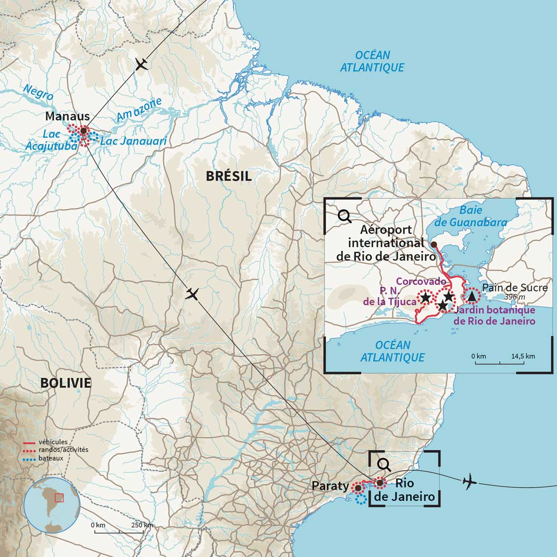 Carte Brésil : Sur l’Amazone et Rio de Janeiro