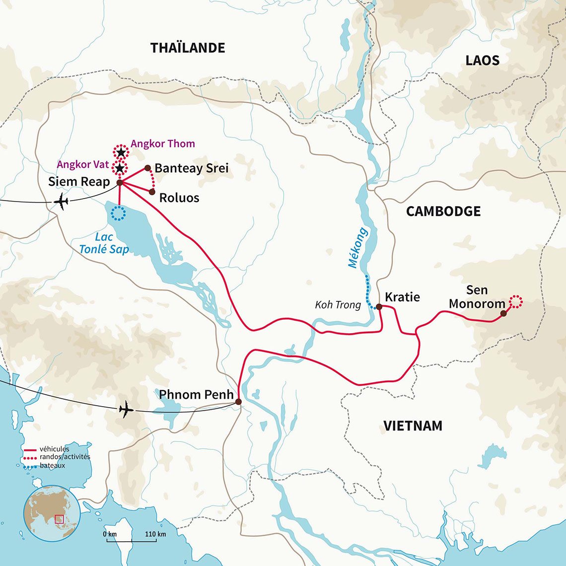 Carte Cambodge : Du Mondolkiri aux temples d'Angkor
