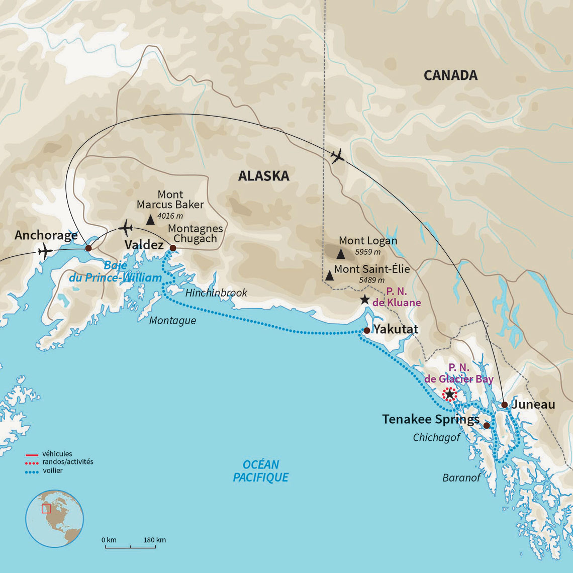 Carte ÉTATS-UNIS : Traversée du golfe d'Alaska