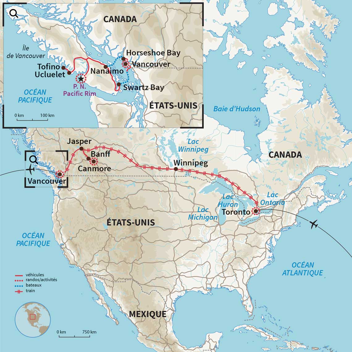 Carte Canada : Traverser le Canada en train (accessible PMR)