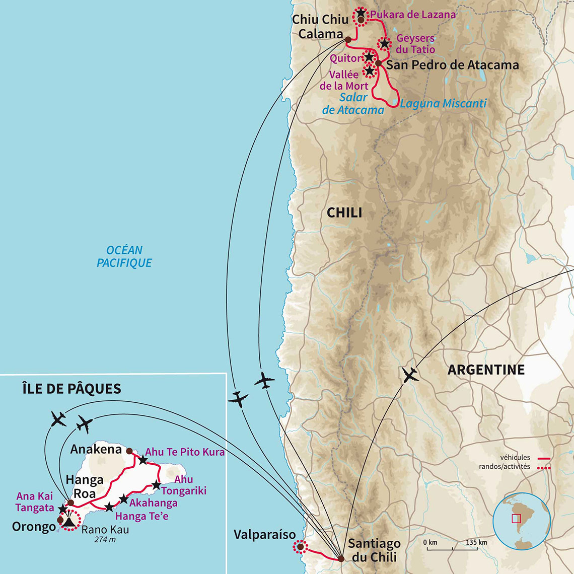 Carte Chili : Désert d'Atacama & île de Pâques