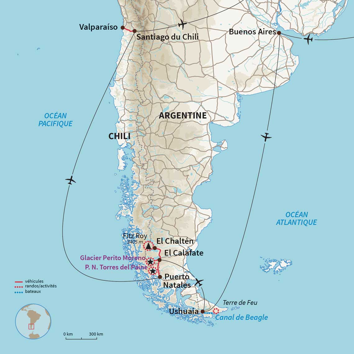 Carte Chili : Terre de Feu, Patagonie & Valparaiso
