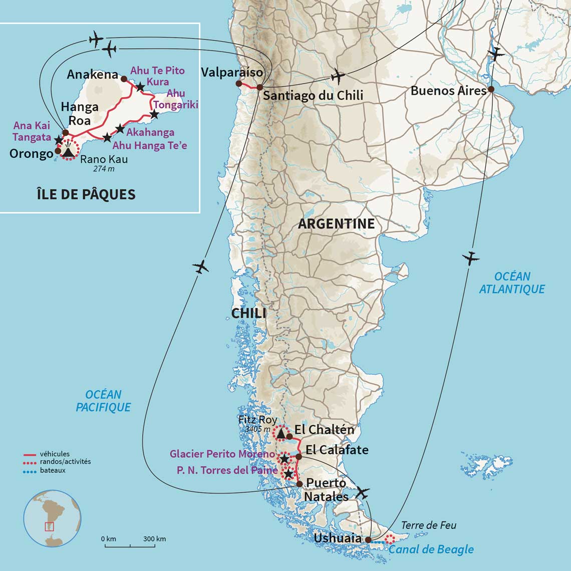 Carte Chili : Terre de Feu, Patagonie & île de Pâques