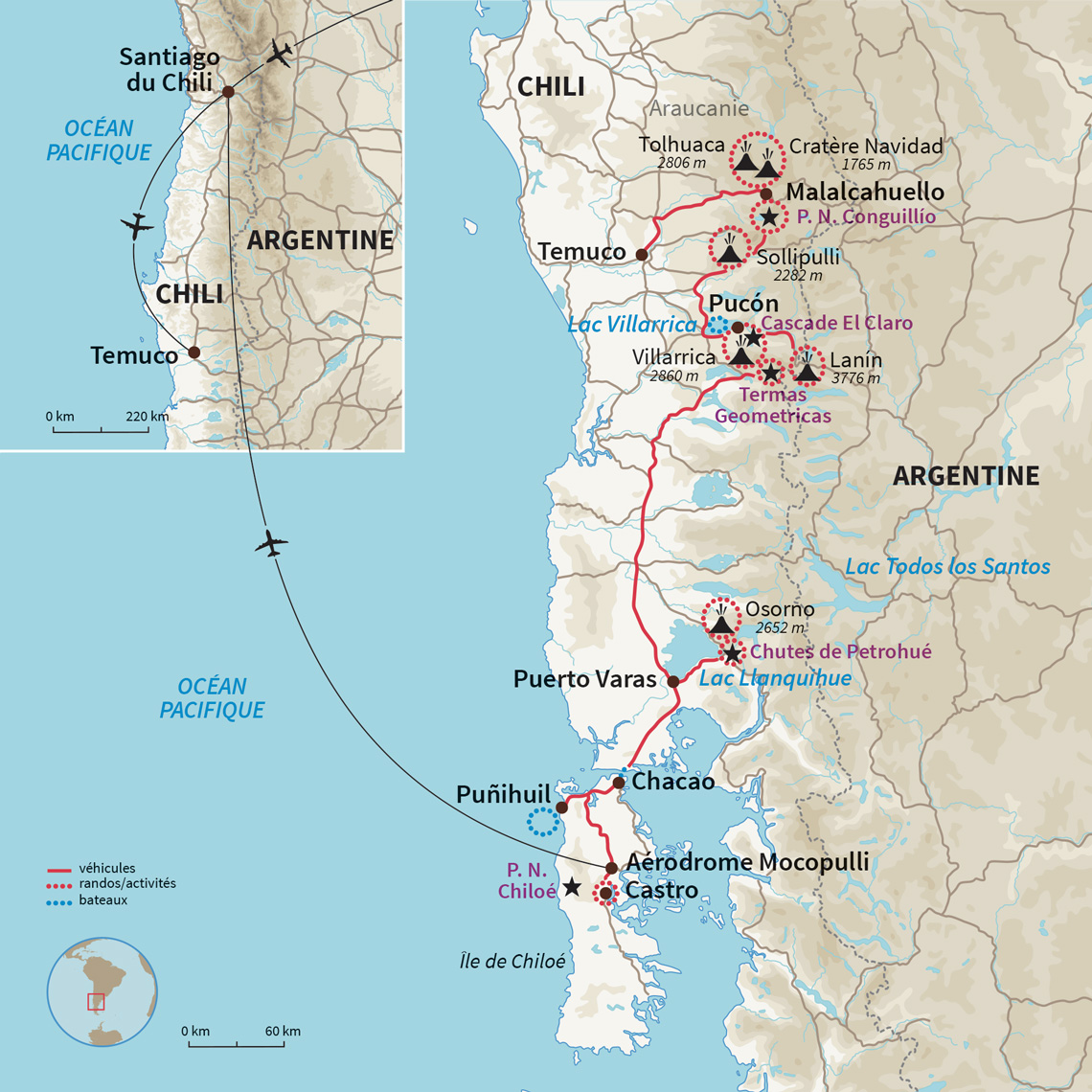 Carte Chili : Araucanie, Chiloé et le nord patagon