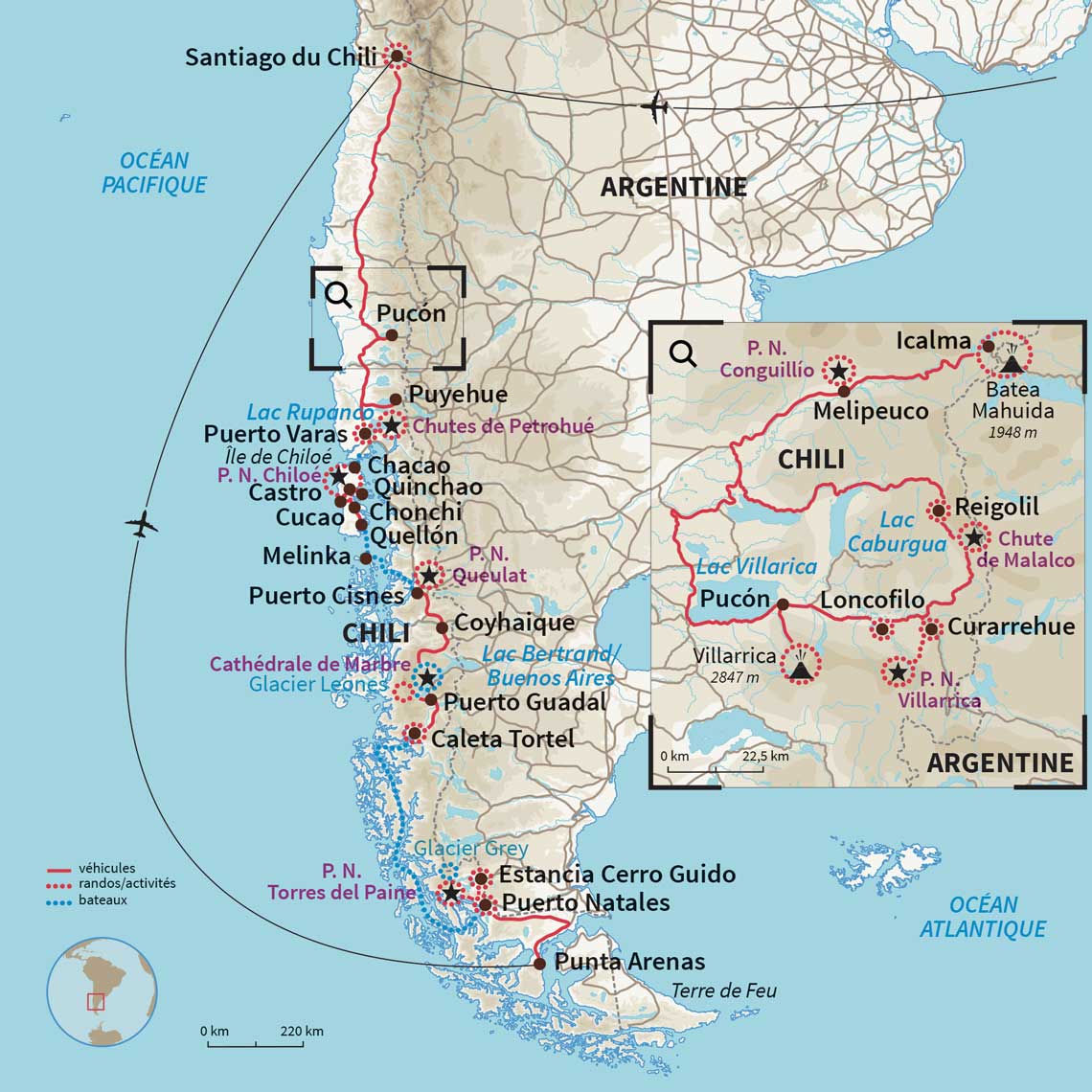 Carte Chili : Région des lacs & Patagonie, en hiver ! Carte Chili : Région des lacs & Patagonie, en hiver !