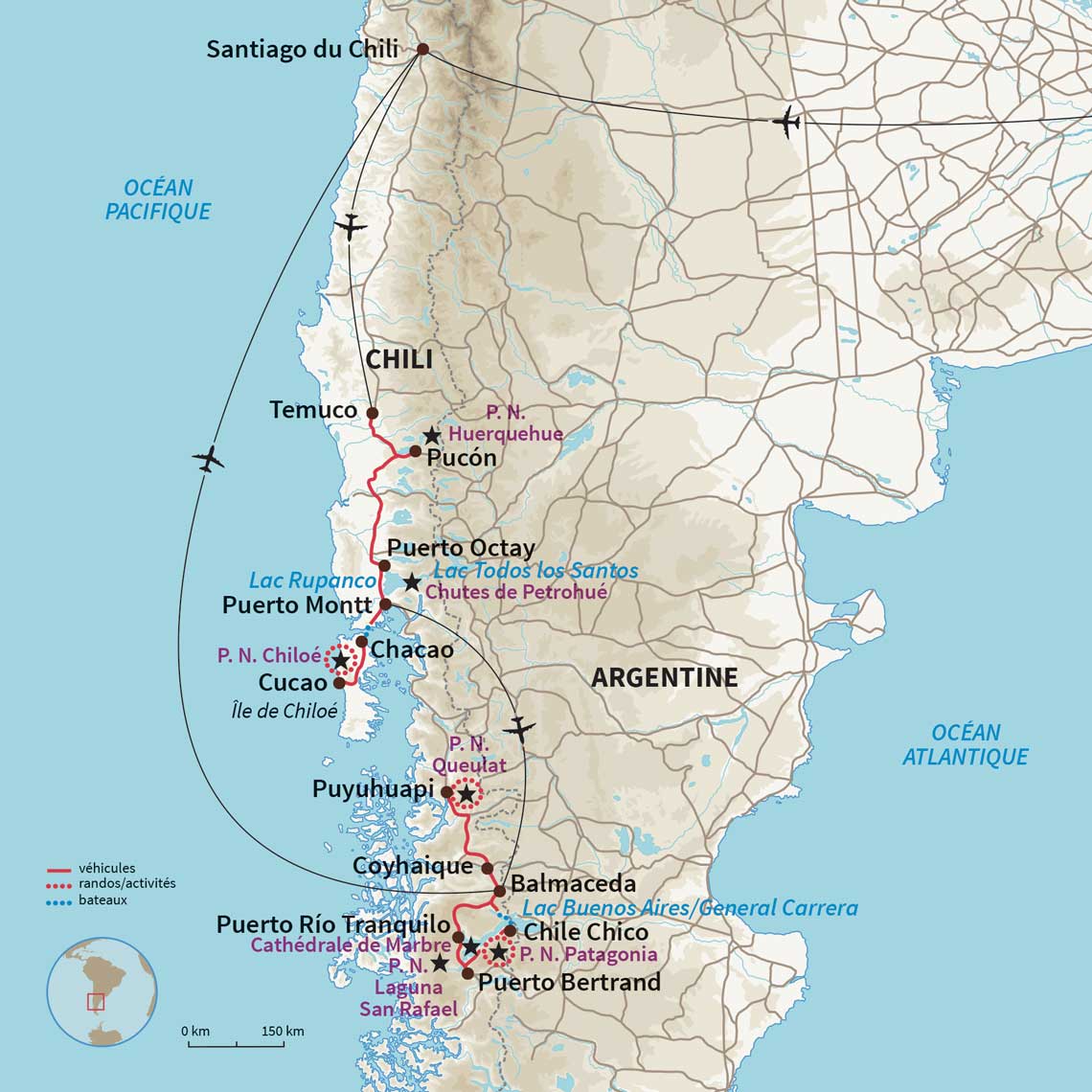 Carte Chili : Roadtrip région des Lacs et route Australe