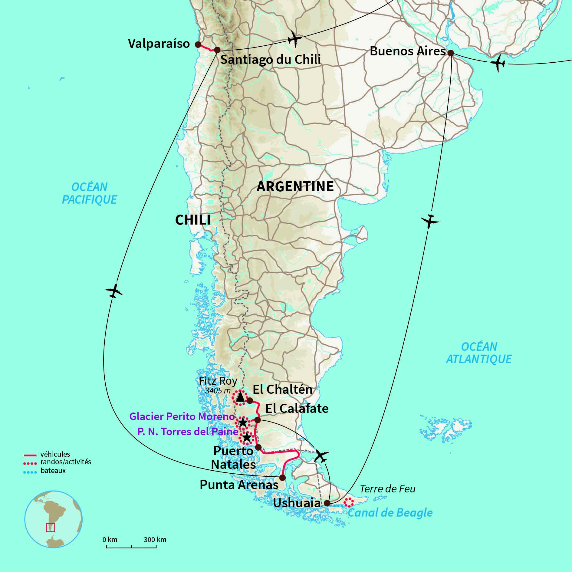 Carte Chili : Terre de Feu, Patagonie & Valparaiso
