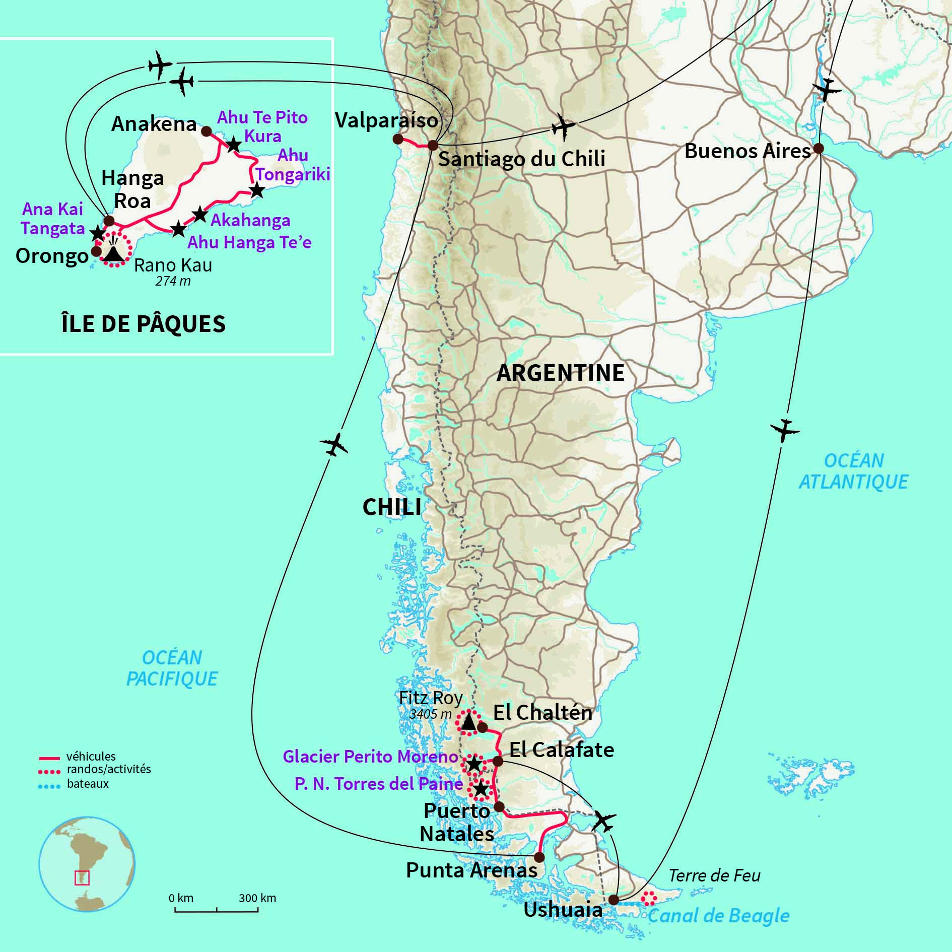 Carte Chili : Terre de Feu, Patagonie & île de Pâques