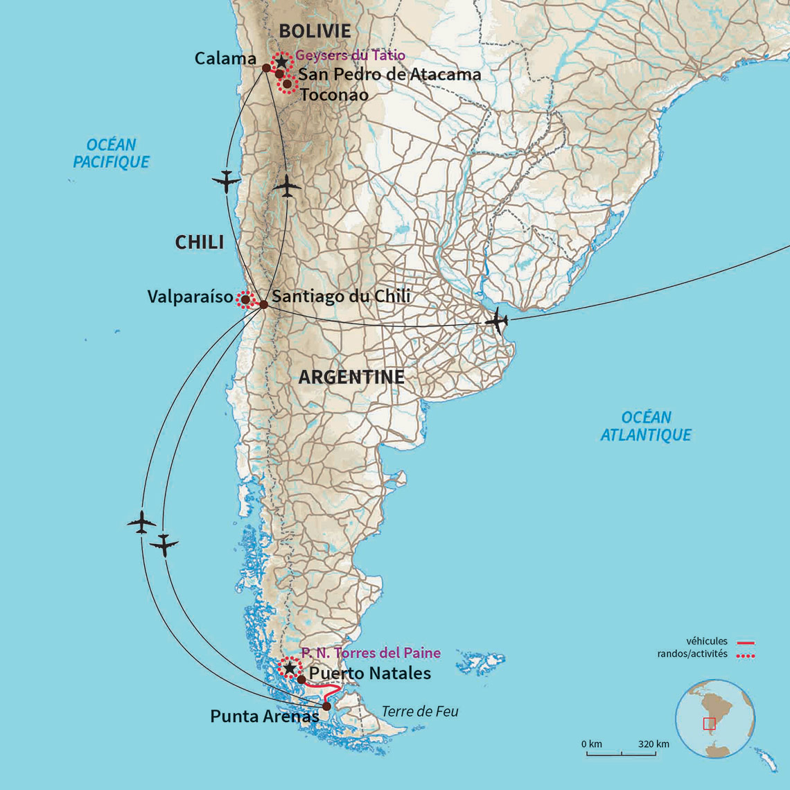 Carte Chili : Le Chili du Nord au Sud