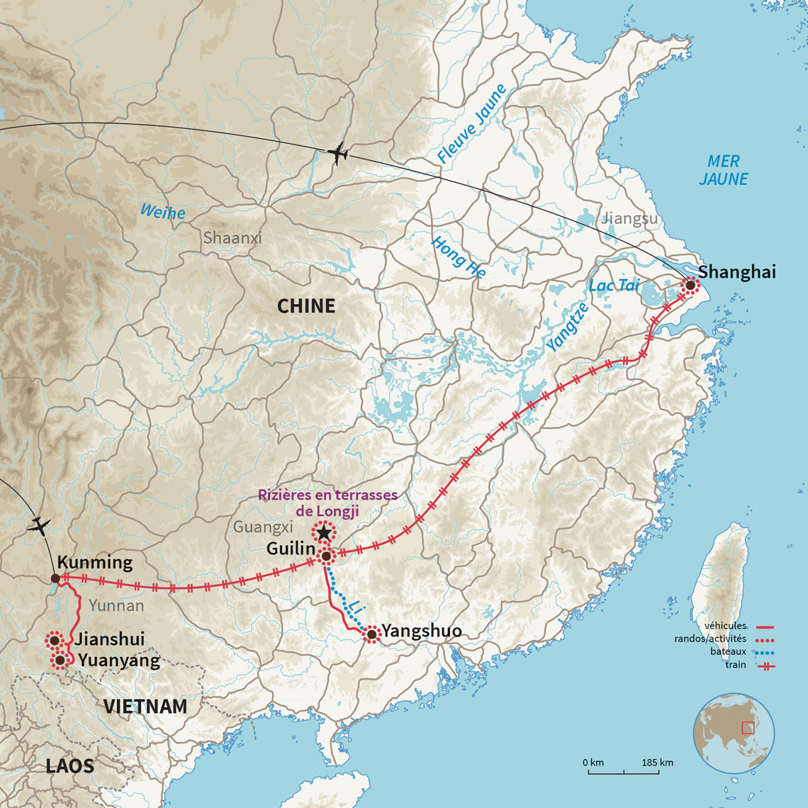 Carte Chine : Du Yunnan à Shanghaï, par le Guangxi