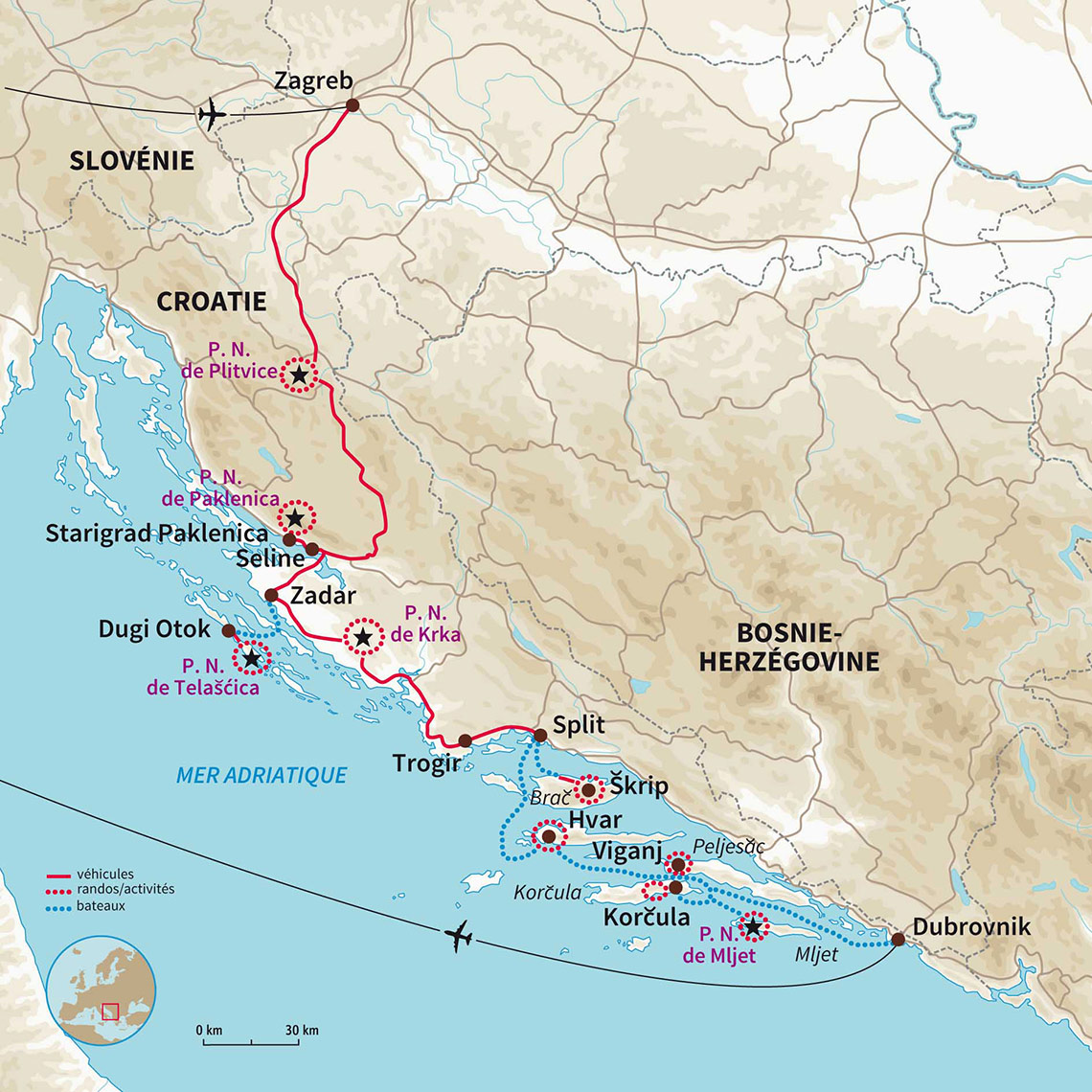 Carte Croatie : Grande traversée de la Croatie