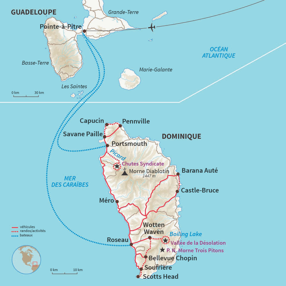 Carte Dominique : Sentiers Kalinagos et pirates de la Dominique