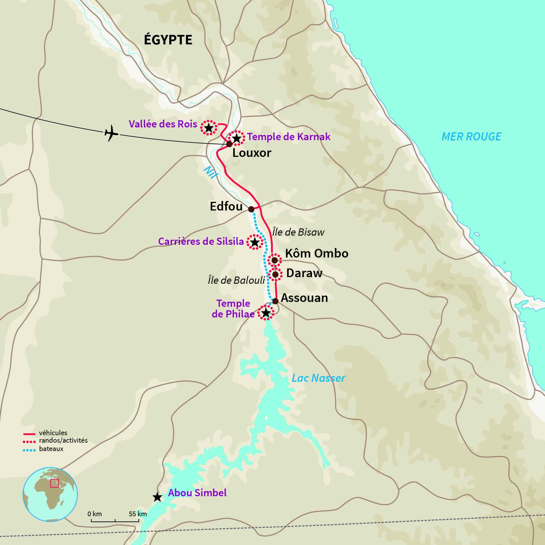 Carte Égypte : Le Nil en sandal et à pied