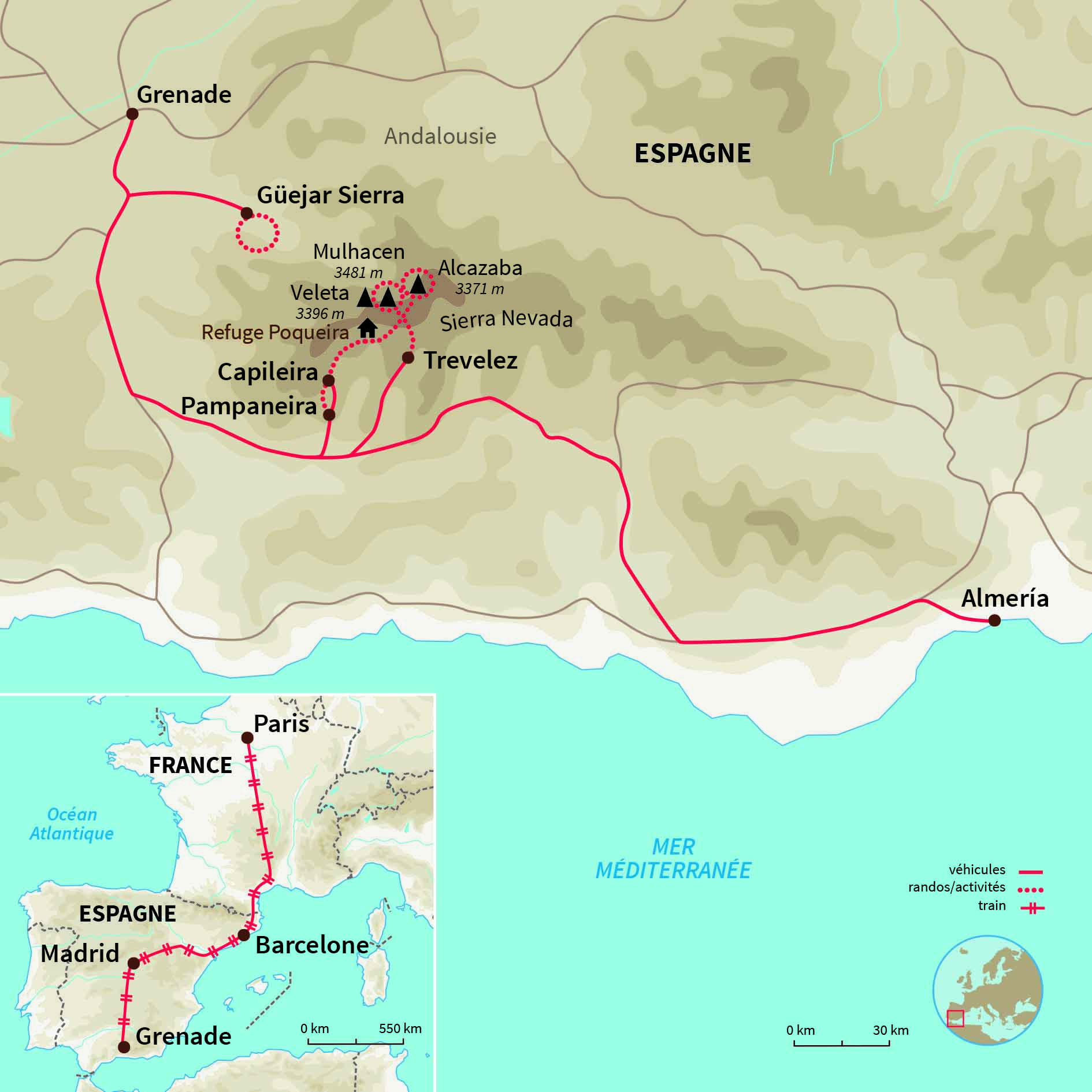 Carte Espagne : Les sommets de la Sierra Nevada(A/R en train)