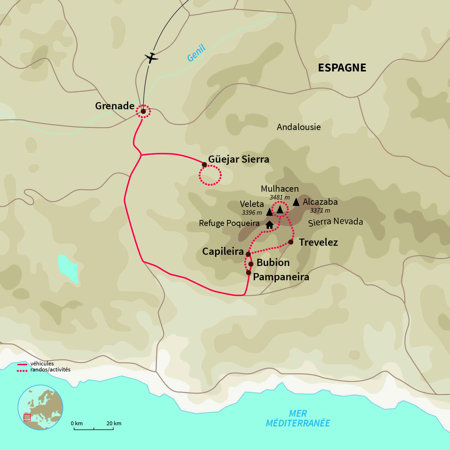 Carte Espagne : Les sommets de la Sierra Nevada