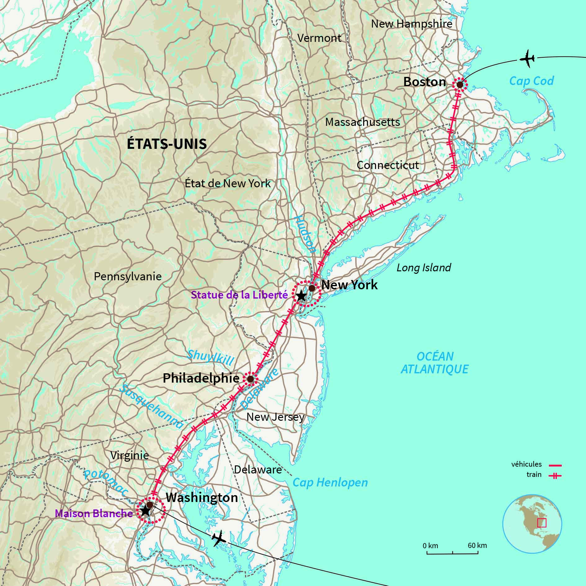 Carte ÉTATS-UNIS : Rail trip sur la Côte Est