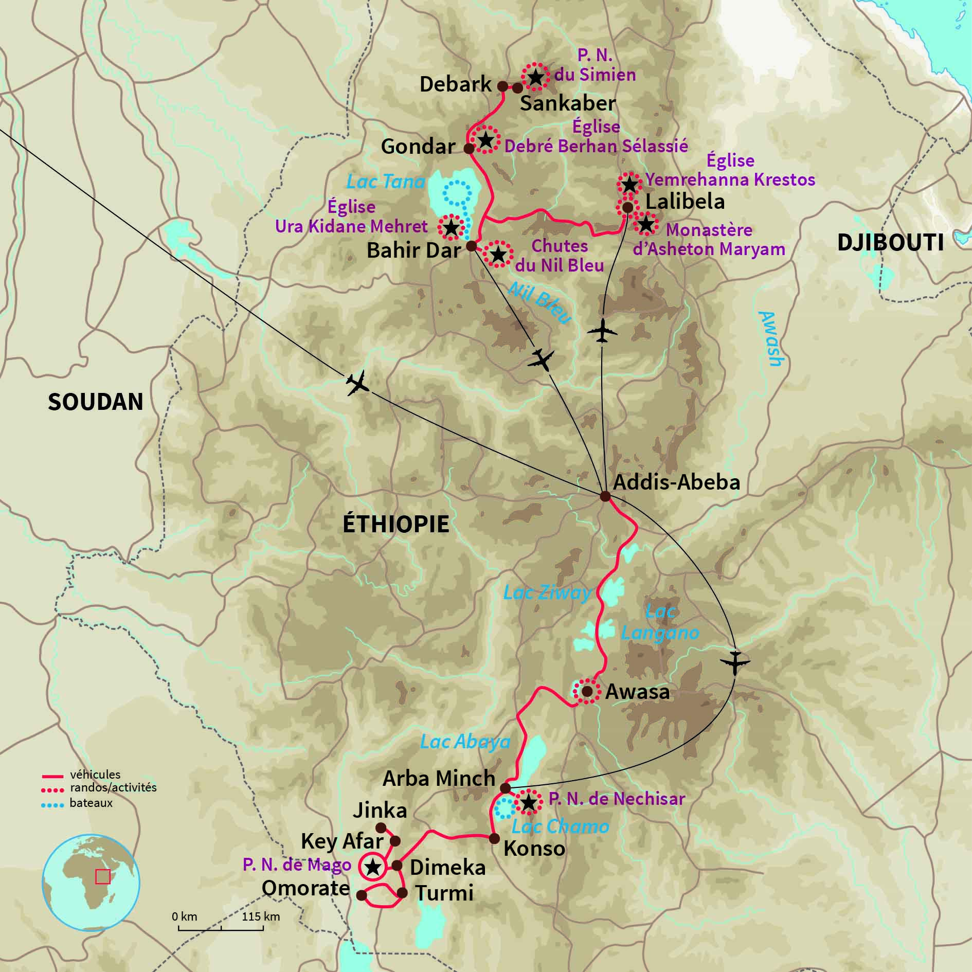 Carte Éthiopie : Trésors du Nord et tribus du Sud !