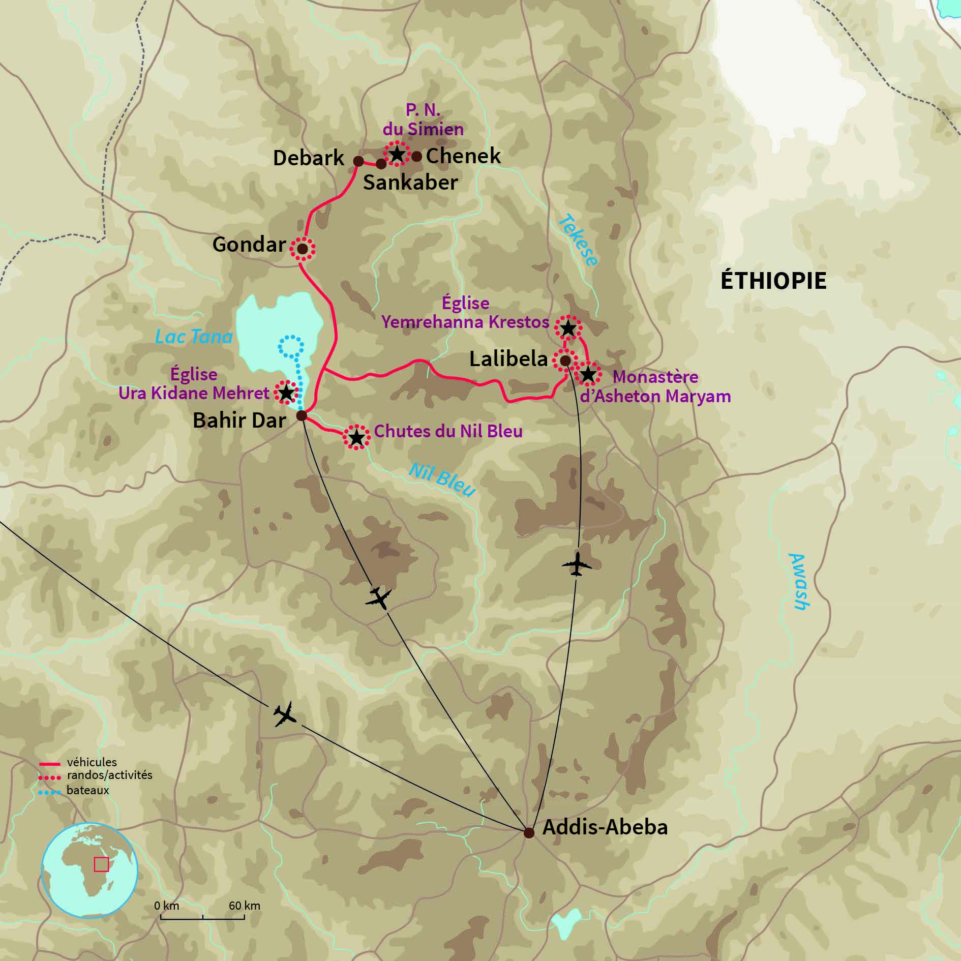 Carte Éthiopie : La route historique d’Abyssinie