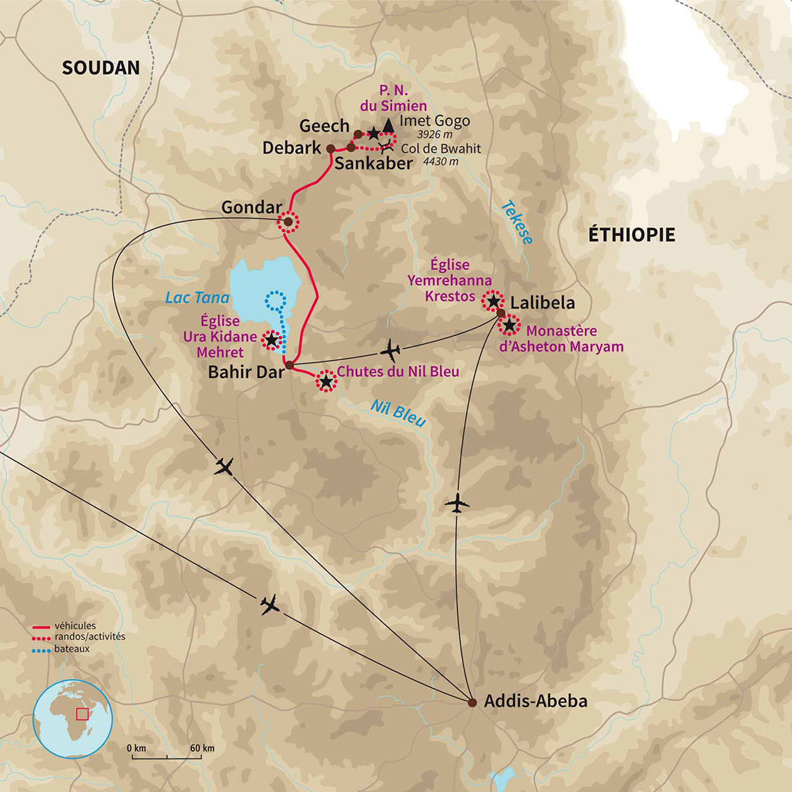 Carte Éthiopie : Route historique et randonnée dans le Simien