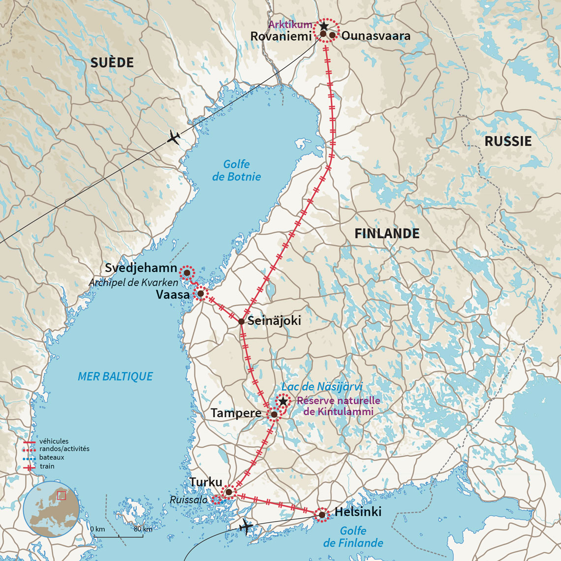 Carte Finlande : Finlande en train : du sud au cercle polaire