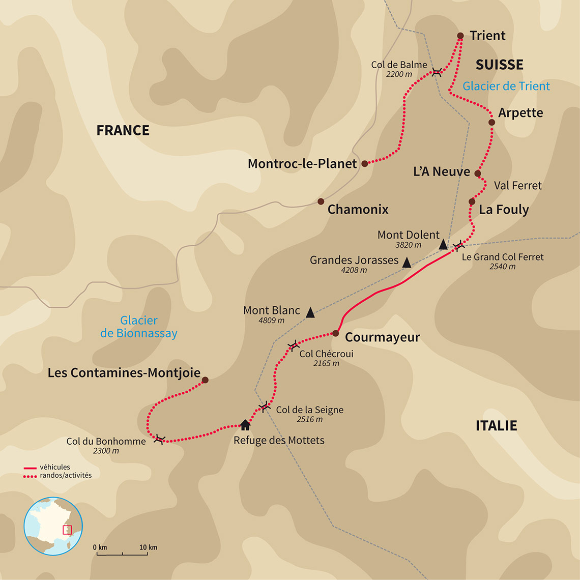 Carte France : Le tour du Mont-Blanc (en bivouac)