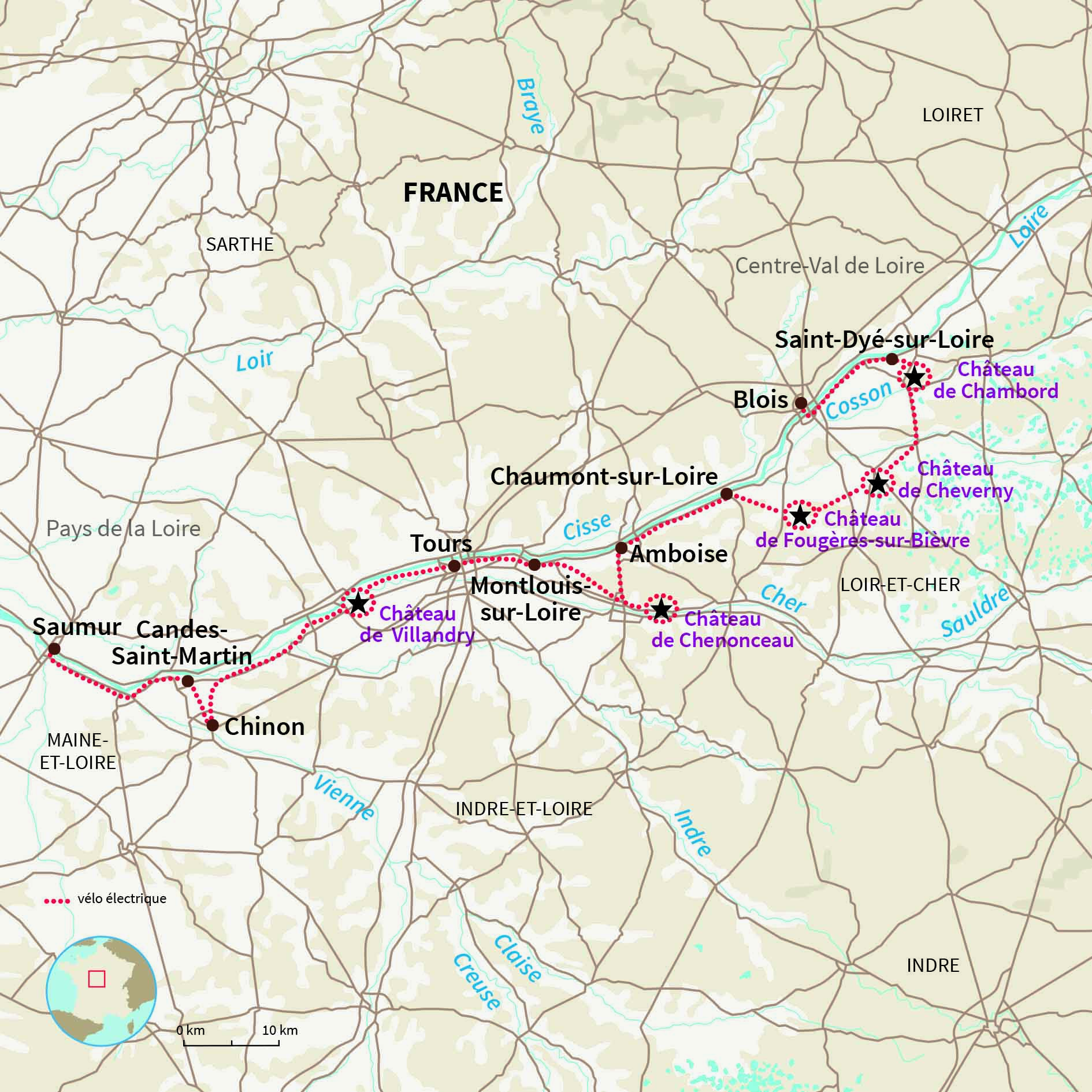Carte France : La Loire à vélo, l'aventure électrique