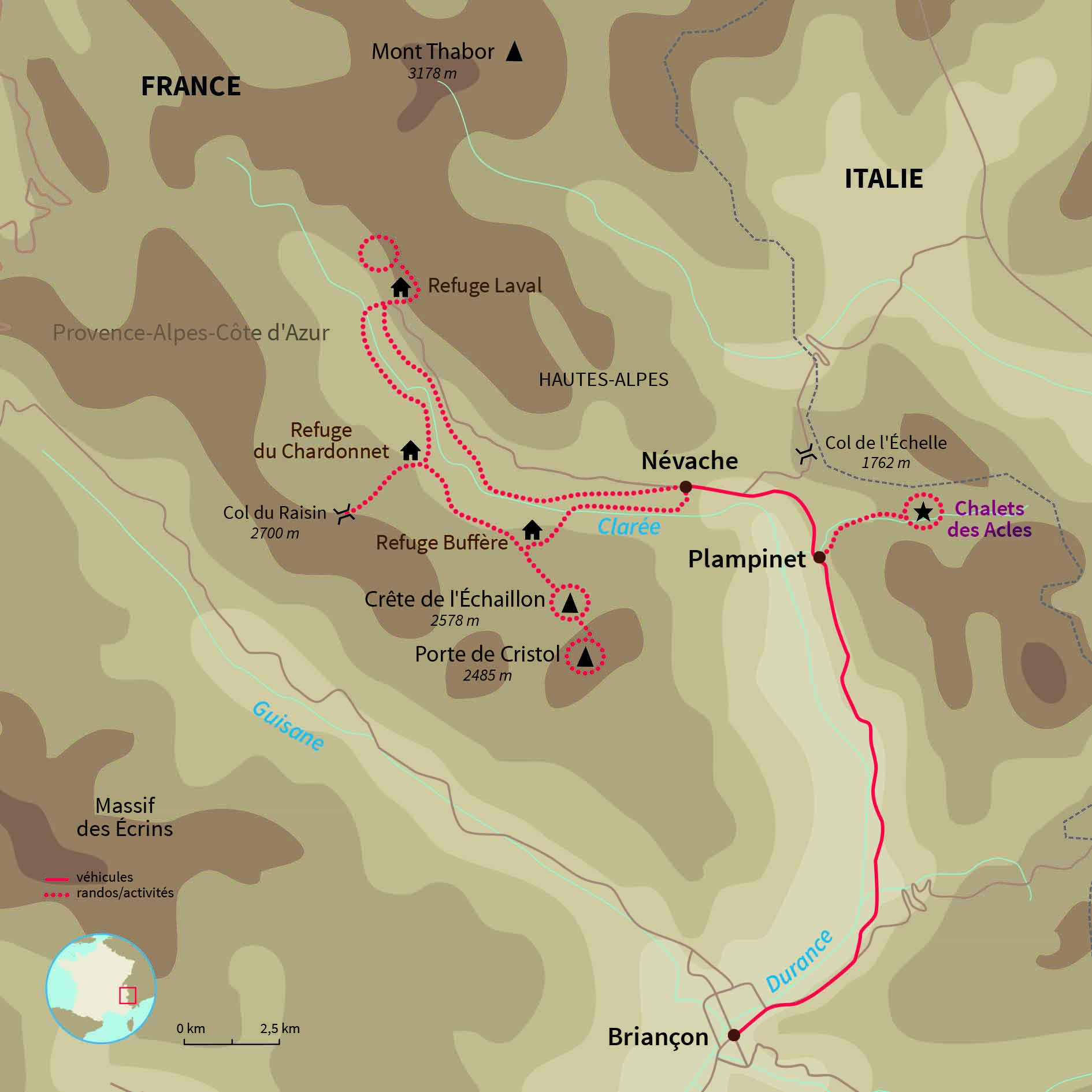 Carte France : Névache et Haute Clarée en raquettes