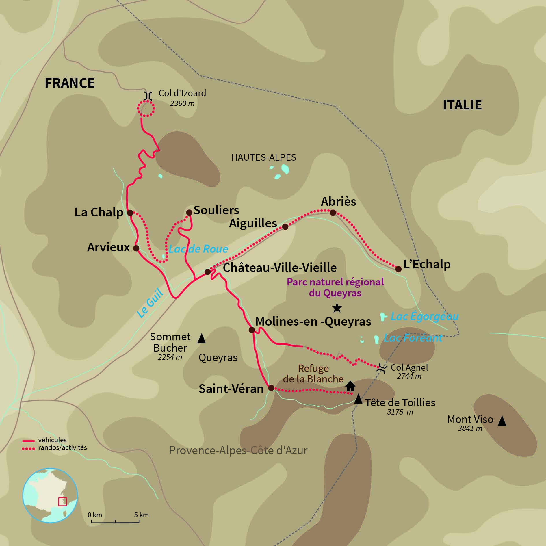 Carte France : Les 5 vallées du Queyras en ski de fond