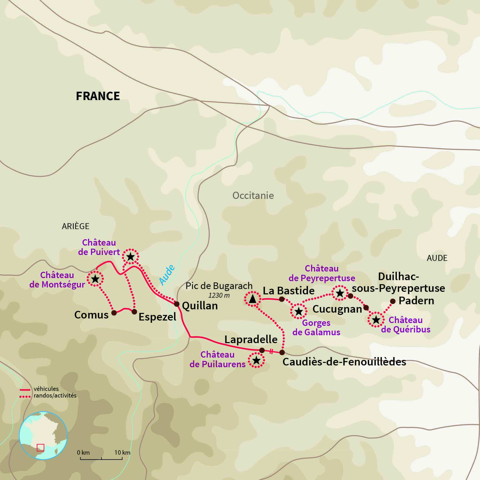 Carte France : Châteaux et chemins du Pays cathare 