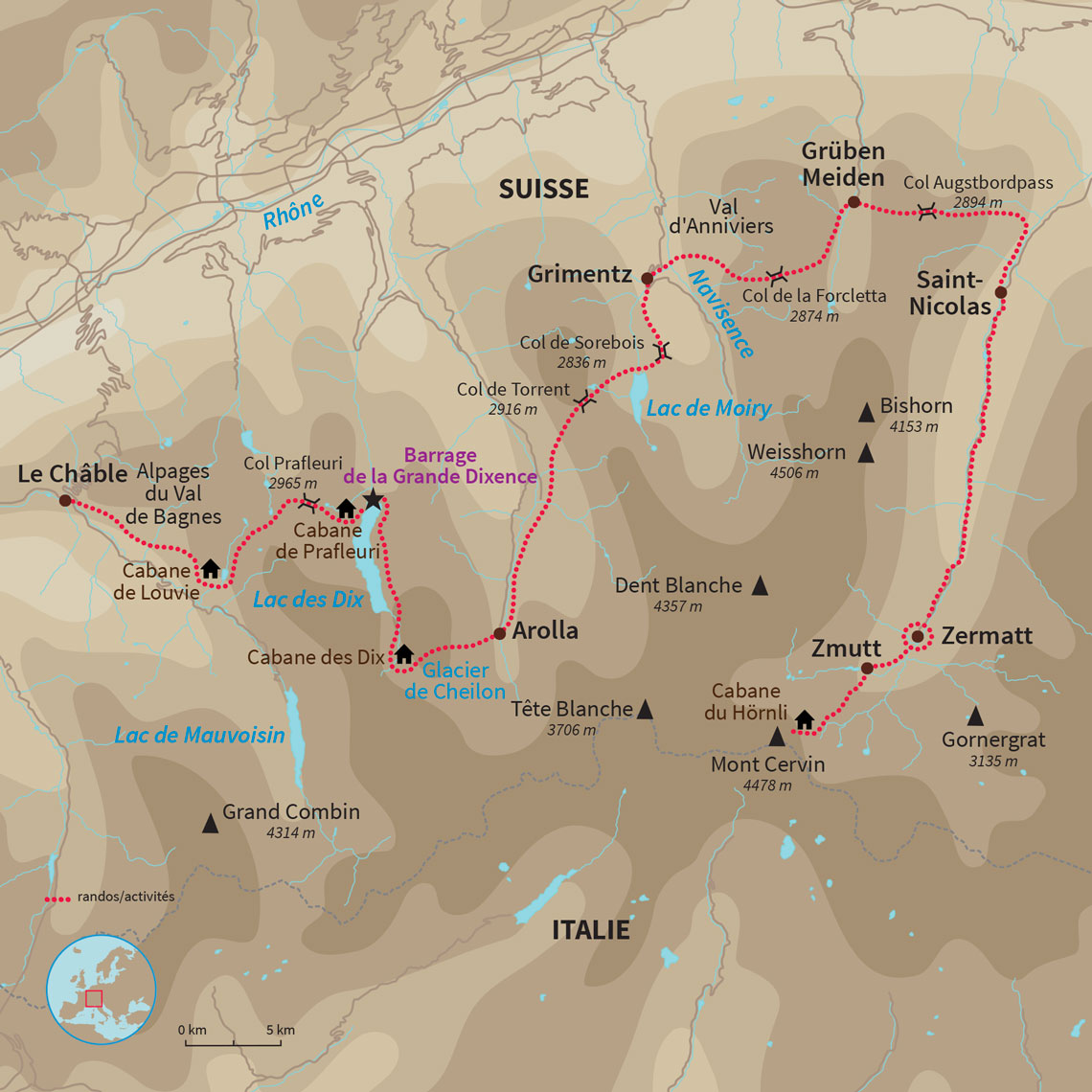 Carte France : La haute route du Chamonix-Zermatt 