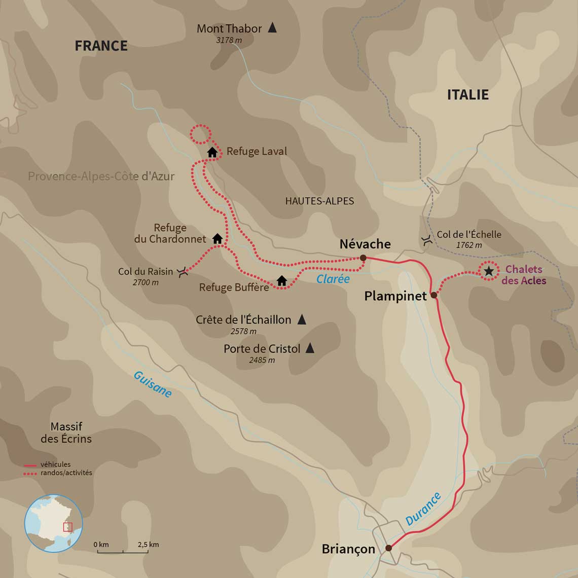 Carte France : Névache et Haute Clarée en raquettes