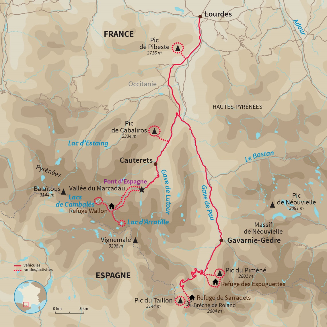 Carte France : Lacs et sommets des Pyrénées 