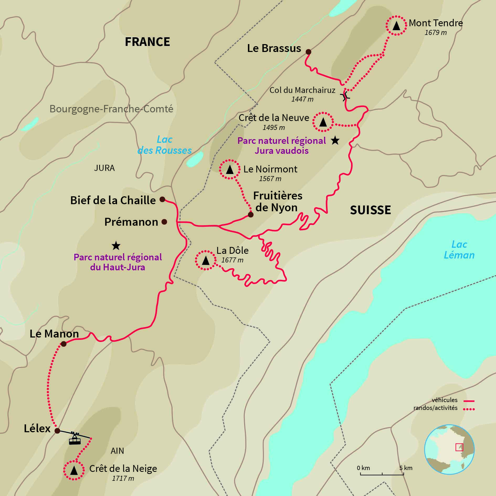 Carte France : Traversée du Jura franco-suisse