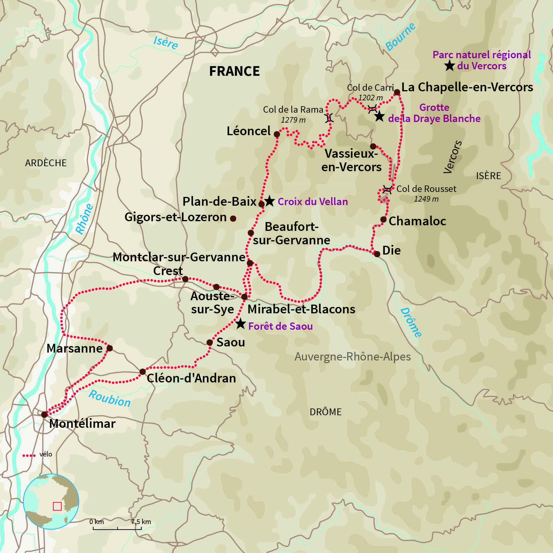 Carte France : Itinérance à vélo dans le Vercors méridional